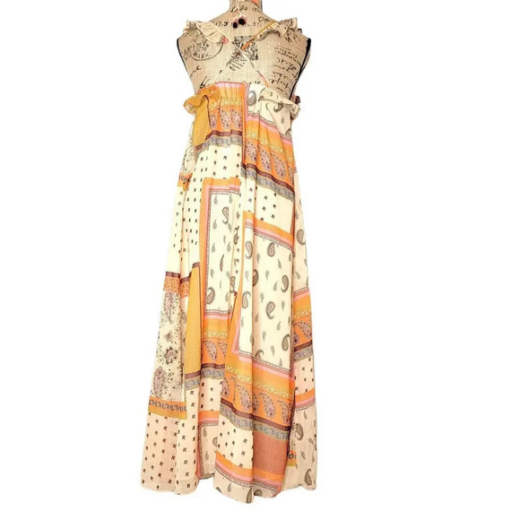 ZARA Womens Regular Patchwork Paisley Ruffle Maxi Dress Boho Orange Size XXS New - Picture 3 of 16